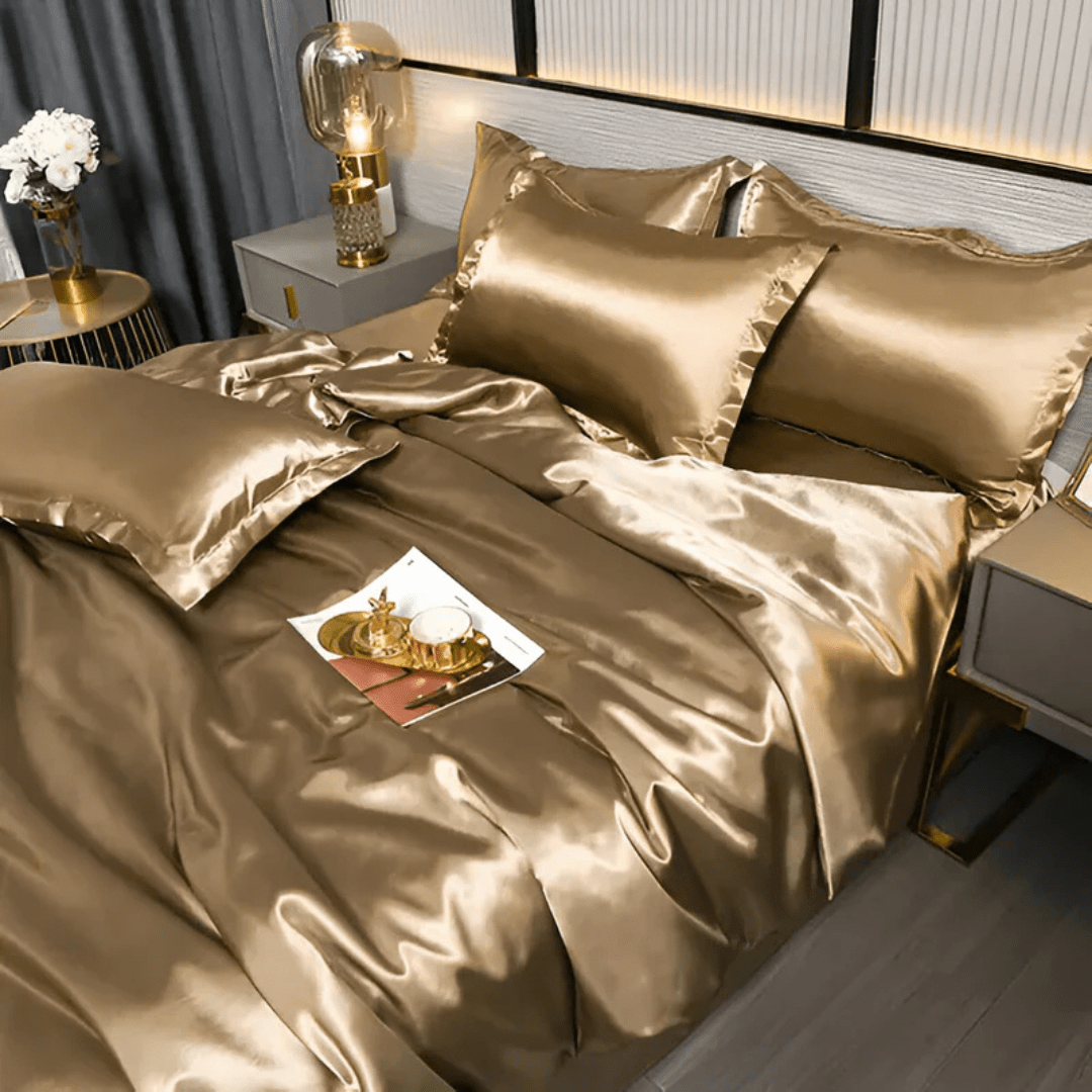 Satin Duvet Cover Set Silky Polyester Bedding Set with Flat Sheet and Pillowcases Wrinkle-Resistant Smooth Bed Linen for All Seasons