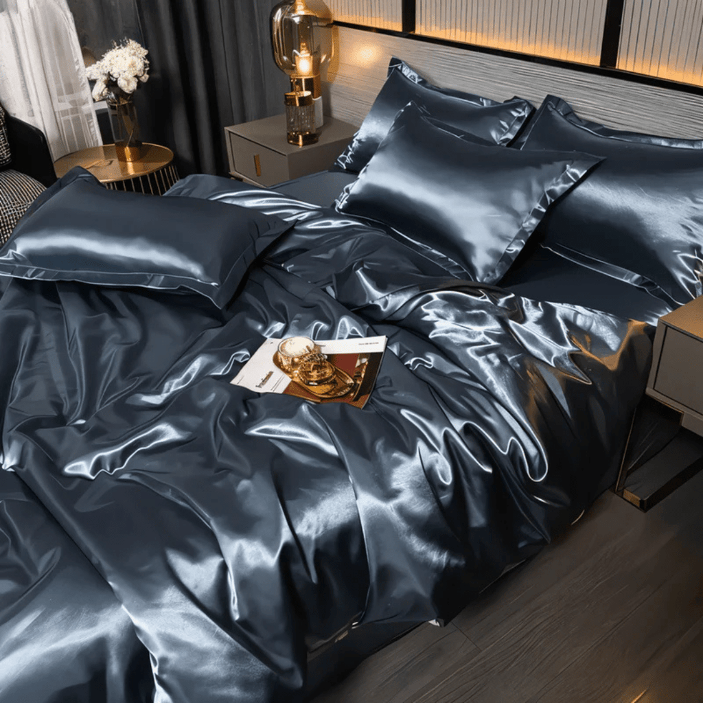 Satin Duvet Cover Set Silky Polyester Bedding Set with Flat Sheet and Pillowcases Wrinkle-Resistant Smooth Bed Linen for All Seasons