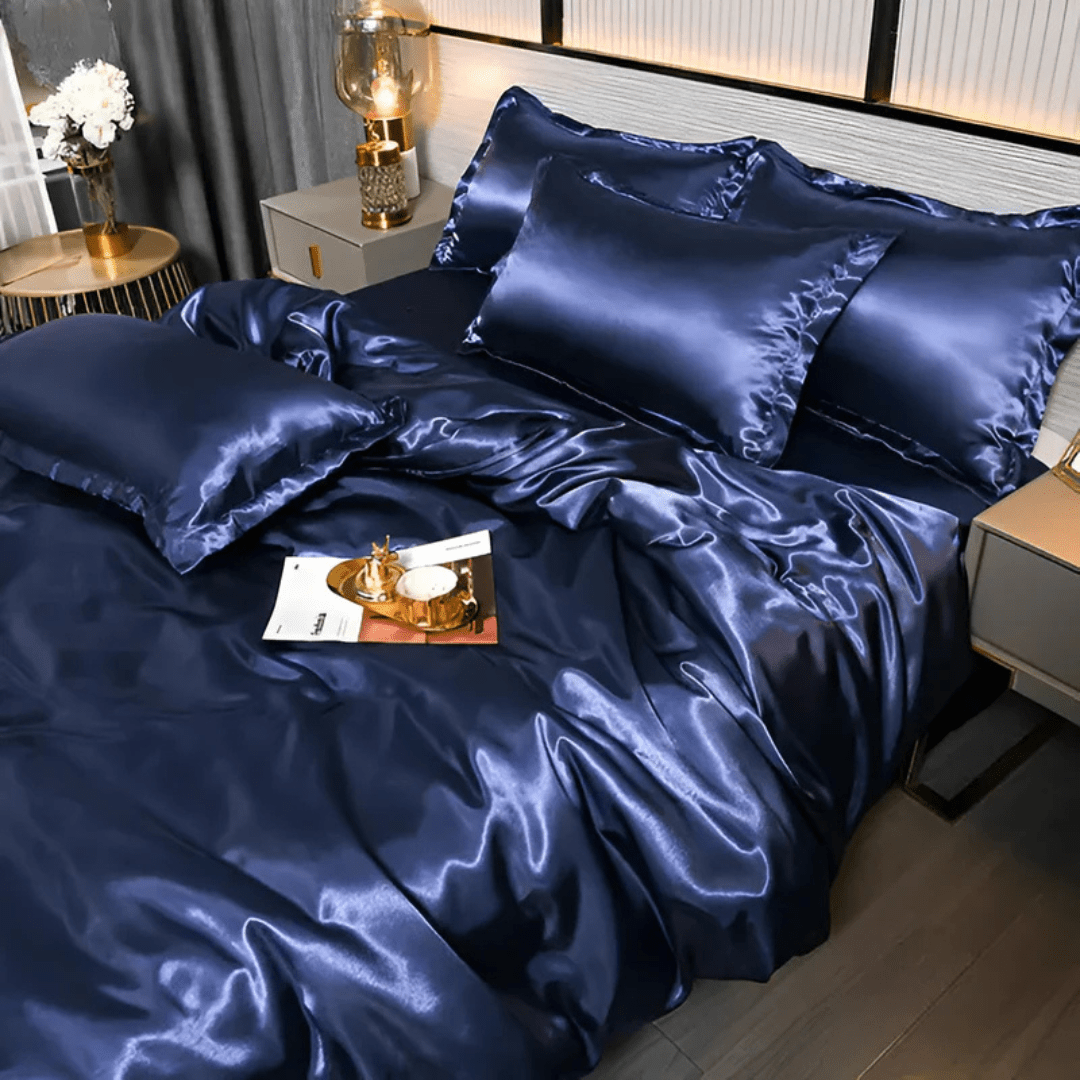 Satin Duvet Cover Set Silky Polyester Bedding Set with Flat Sheet and Pillowcases Wrinkle-Resistant Smooth Bed Linen for All Seasons