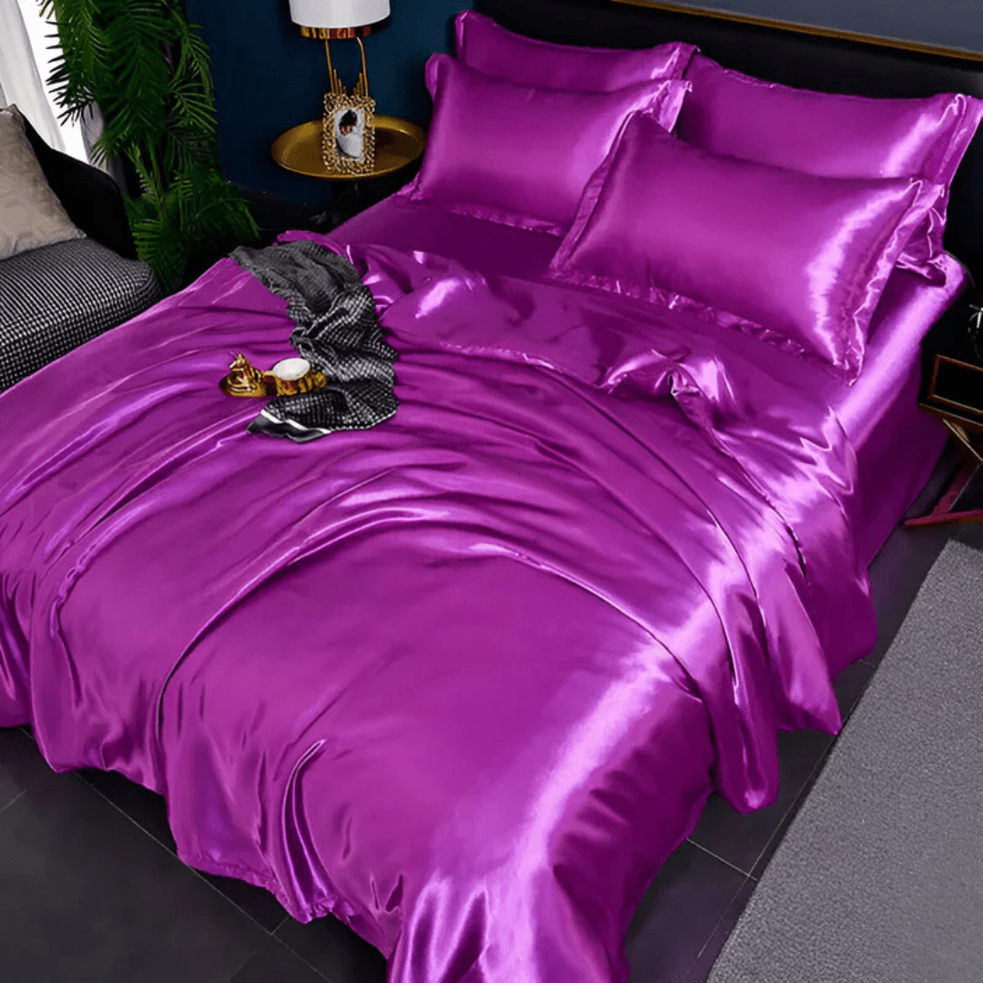Satin Duvet Cover Set Silky Polyester Bedding Set with Flat Sheet and Pillowcases Wrinkle-Resistant Smooth Bed Linen for All Seasons