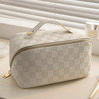 PU Leather Makeup Bag Large Capacity Checkered Cosmetic Travel Organizer with Top Handle and Multiple Compartments
