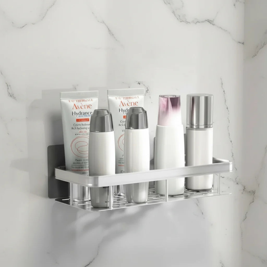 Adhesive Bathroom Shelf No-Drill Wall Mounted Shower Caddy Stainless Steel and ABS Storage Rack for Shampoo and Toiletries