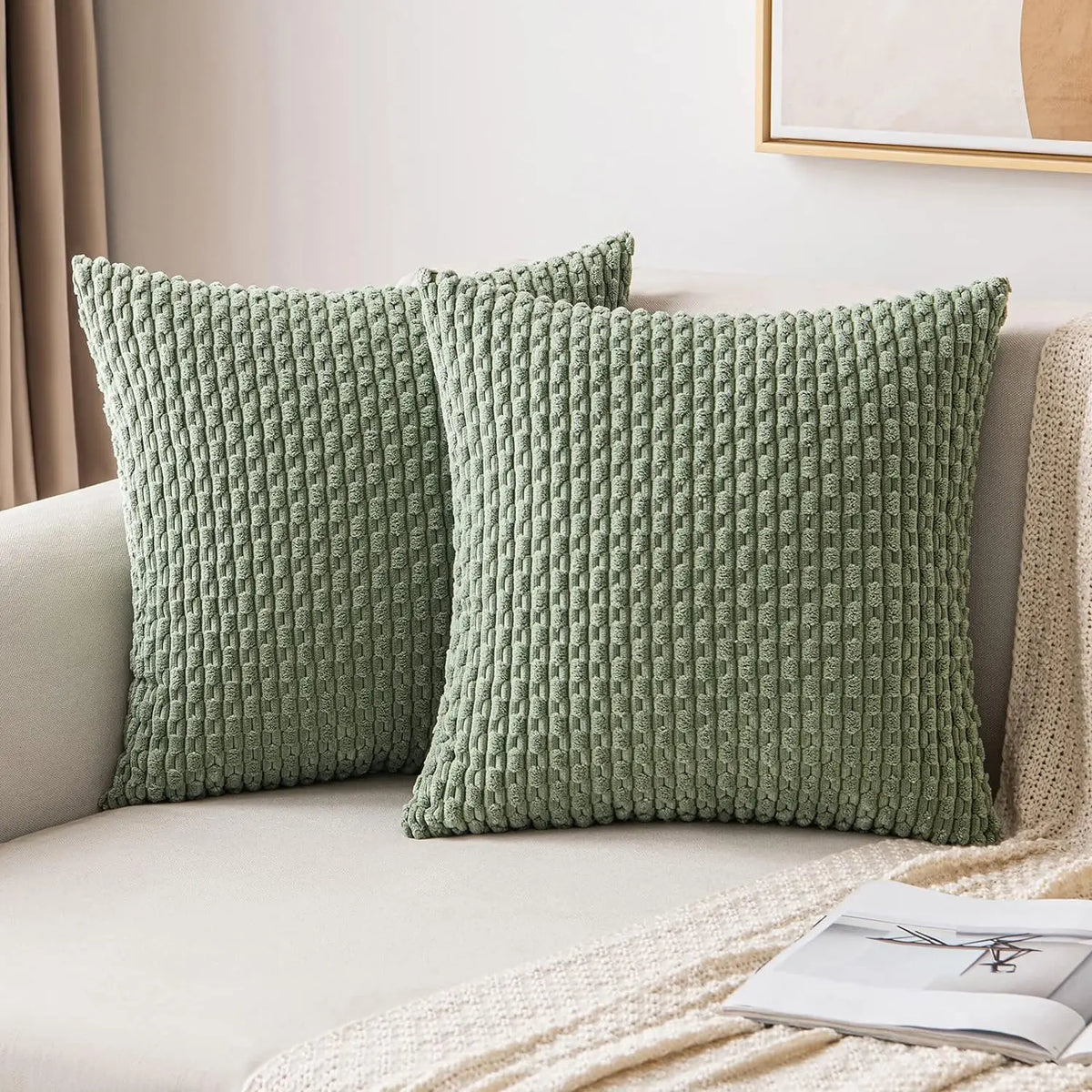 Corduroy Throw Pillow Cover Soft Striped Boho Decorative Cushion Case for Sofa Bed and Armchair Machine Washable