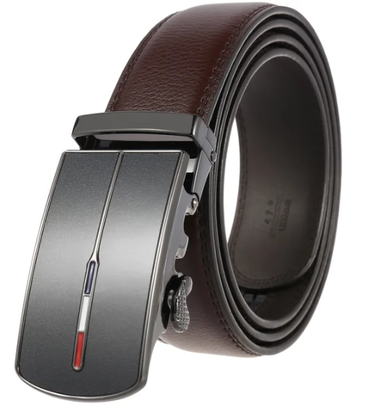Men's Leather Ratchet Belt with Automatic Buckle Cowhide Dress Belt Adjustable Sliding Buckle in Gift Box