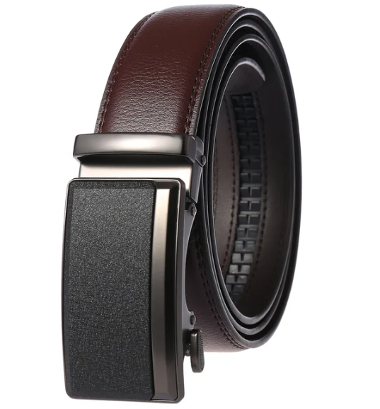 Men's Leather Ratchet Belt with Automatic Buckle Cowhide Dress Belt Adjustable Sliding Buckle in Gift Box