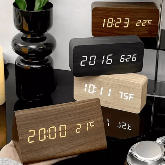 LED Wooden Alarm Clock with Voice Control Adjustable Brightness USB or Battery Powered