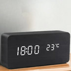 LED Wooden Alarm Clock with Voice Control Adjustable Brightness USB or Battery Powered