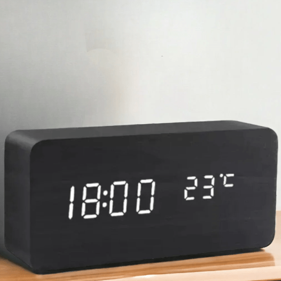 LED Wooden Alarm Clock with Voice Control Adjustable Brightness USB or Battery Powered