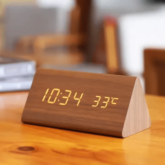 LED Wooden Alarm Clock with Voice Control Adjustable Brightness USB or Battery Powered
