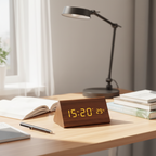 LED Wooden Alarm Clock with Voice Control Adjustable Brightness USB or Battery Powered