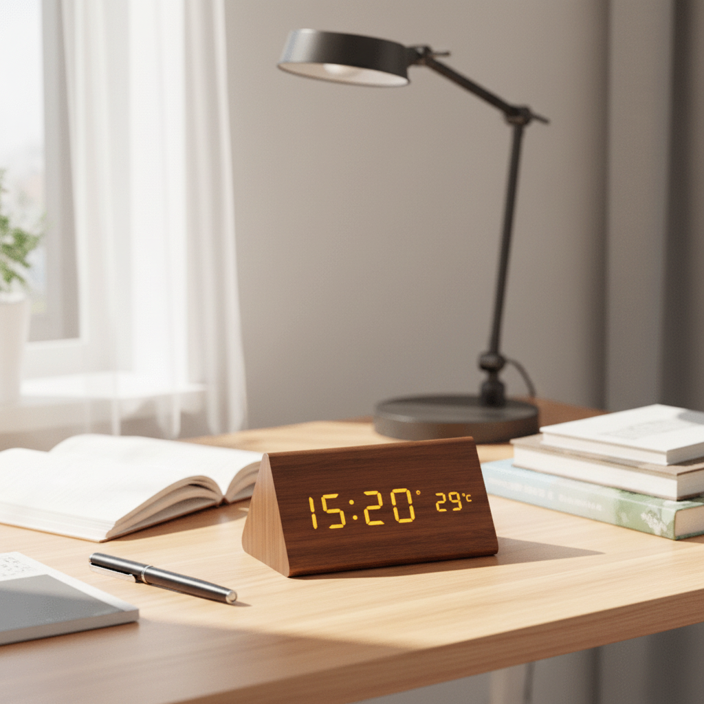 LED Wooden Alarm Clock with Voice Control Adjustable Brightness USB or Battery Powered