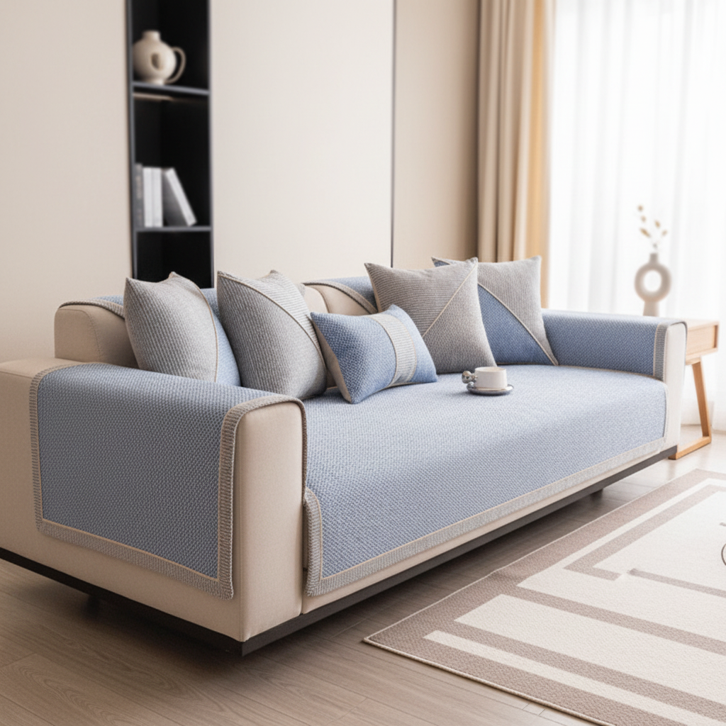 Non-Slip Cotton Linen Sofa Cover Breathable Quilted Couch Seat and Armrest Protector for All Seasons