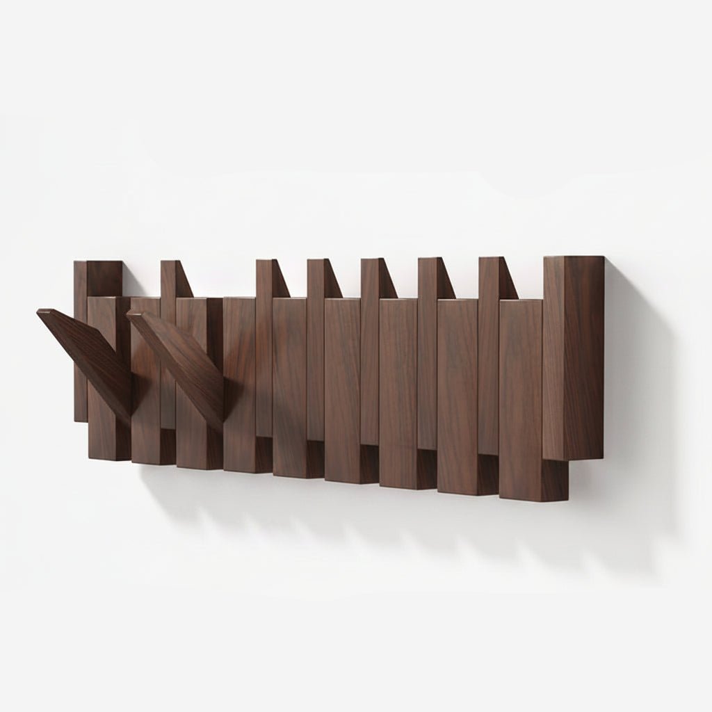 Wooden Wall Coat Rack Piano Style Wall Mounted Coat Hook Rack with Folding Hooks Solid Wood Entryway Hanger for Coats Hats and Bags