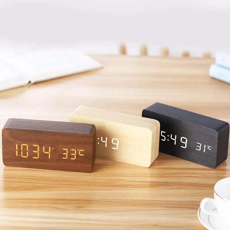 Digital Wooden Alarm Clock with LED Display Silent Non-Ticking Bedside Desk Clock Modern Wood Design