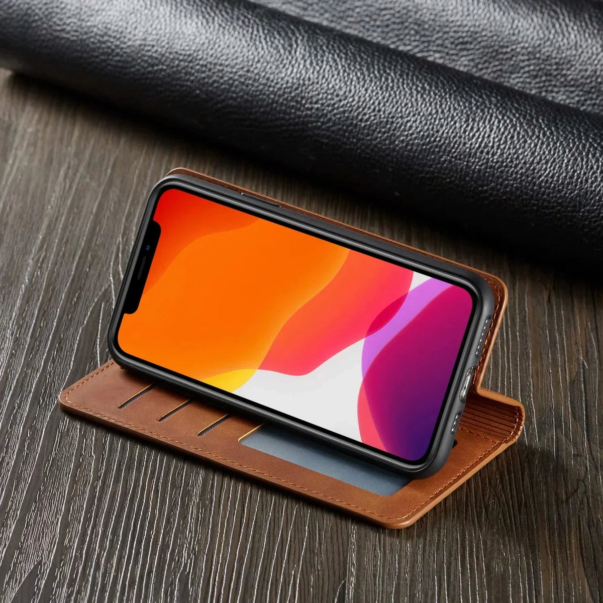 Faux Leather Wallet Phone Case for iPhone with Magnetic Closure Card Holder Slots and Kickstand Slim Flip Folio Cover