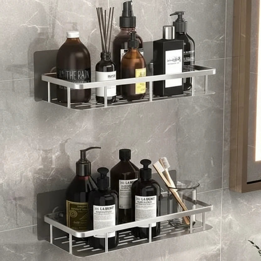 Adhesive Bathroom Shelf No-Drill Wall Mounted Shower Caddy Stainless Steel and ABS Storage Rack for Shampoo and Toiletries