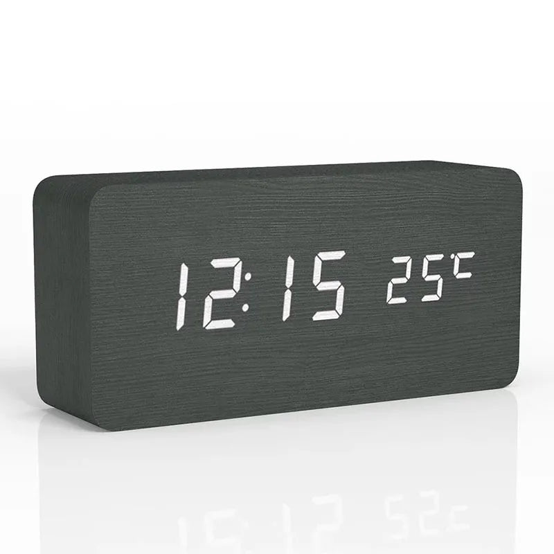 Digital Wooden Alarm Clock with LED Display Silent Non-Ticking Bedside Desk Clock Modern Wood Design