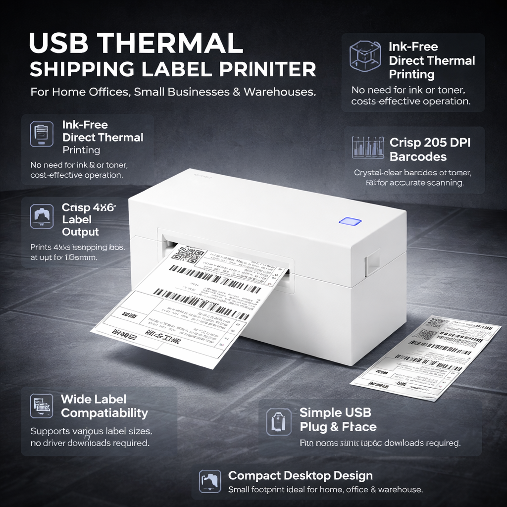 USB Thermal Shipping Label Printer Desktop Direct Thermal Barcode Label Maker for Shipping Labels Ink Free High Speed