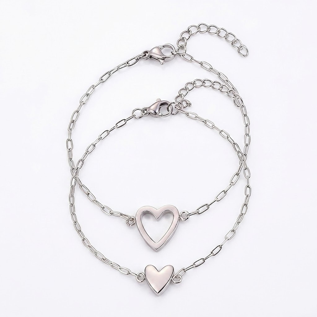 Heart Charm Bracelet Adjustable Stainless Steel Chain Matching Couple Bracelet Set Minimalist Friendship Jewelry for Women and Men
