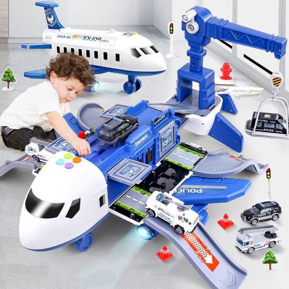 Kids Airplane Toy Playset Car Transporter Cargo Plane with Toy Cars Crane Lights and Sounds Storage Garage and Road Signs for Boys and Girls