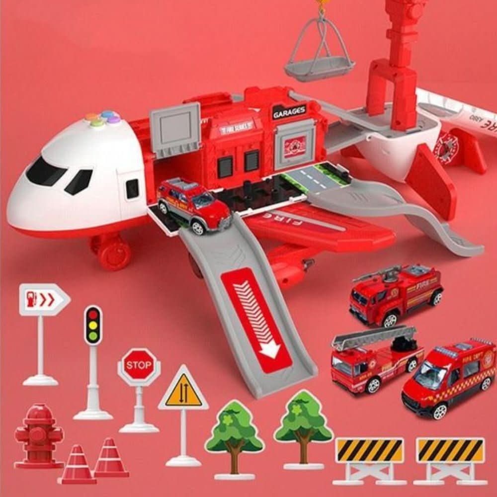 Kids Airplane Toy Playset Car Transporter Cargo Plane with Toy Cars Crane Lights and Sounds Storage Garage and Road Signs for Boys and Girls