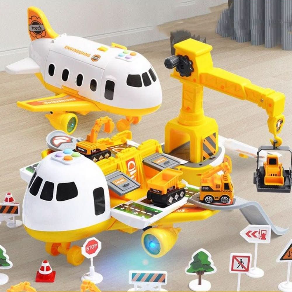 Kids Airplane Toy Playset Car Transporter Cargo Plane with Toy Cars Crane Lights and Sounds Storage Garage and Road Signs for Boys and Girls