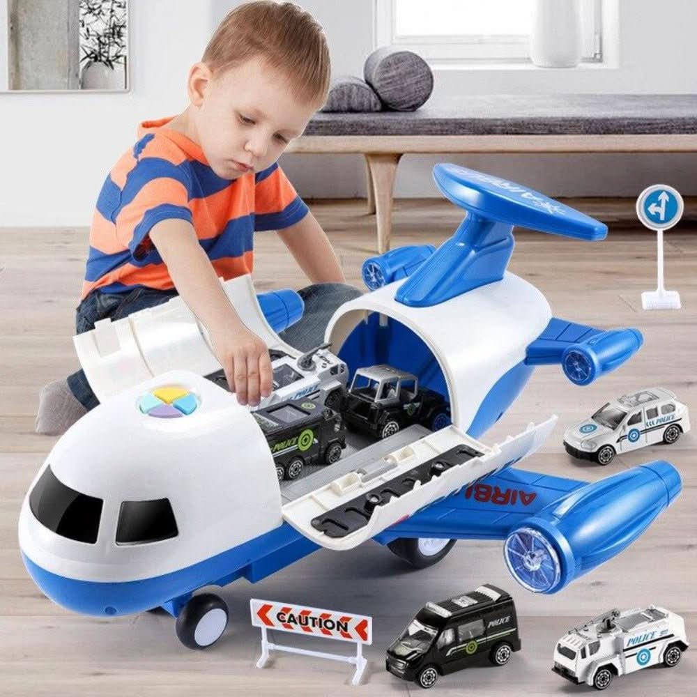 Kids Airplane Toy Playset Car Transporter Cargo Plane with Toy Cars Crane Lights and Sounds Storage Garage and Road Signs for Boys and Girls