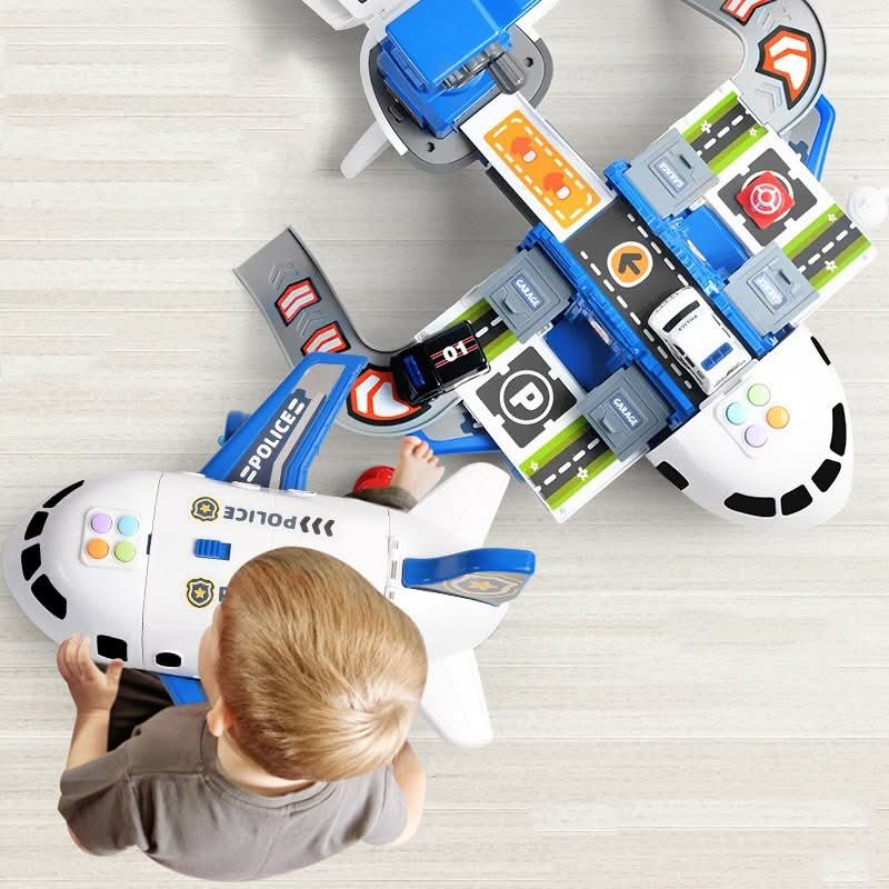 Kids Airplane Toy Playset Car Transporter Cargo Plane with Toy Cars Crane Lights and Sounds Storage Garage and Road Signs for Boys and Girls