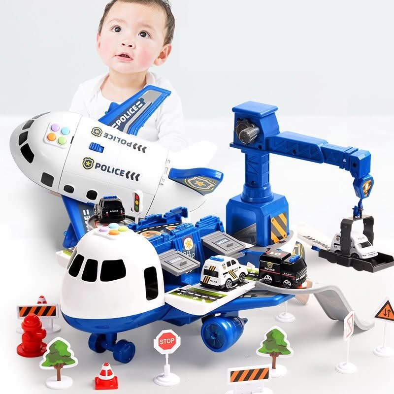 Kids Airplane Toy Playset Car Transporter Cargo Plane with Toy Cars Crane Lights and Sounds Storage Garage and Road Signs for Boys and Girls