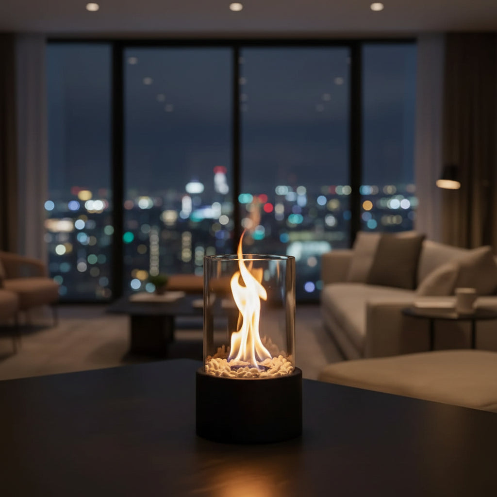 Tabletop Fireplace Smokeless Bioethanol Fire Pit Portable Indoor Outdoor Table Fireplace with Glass Enclosure Metal Base and Decorative Stones