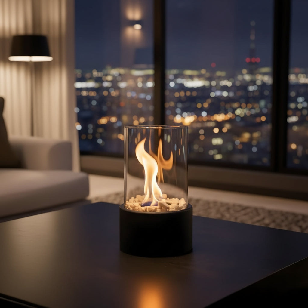 Tabletop Fireplace Smokeless Bioethanol Fire Pit Portable Indoor Outdoor Table Fireplace with Glass Enclosure Metal Base and Decorative Stones