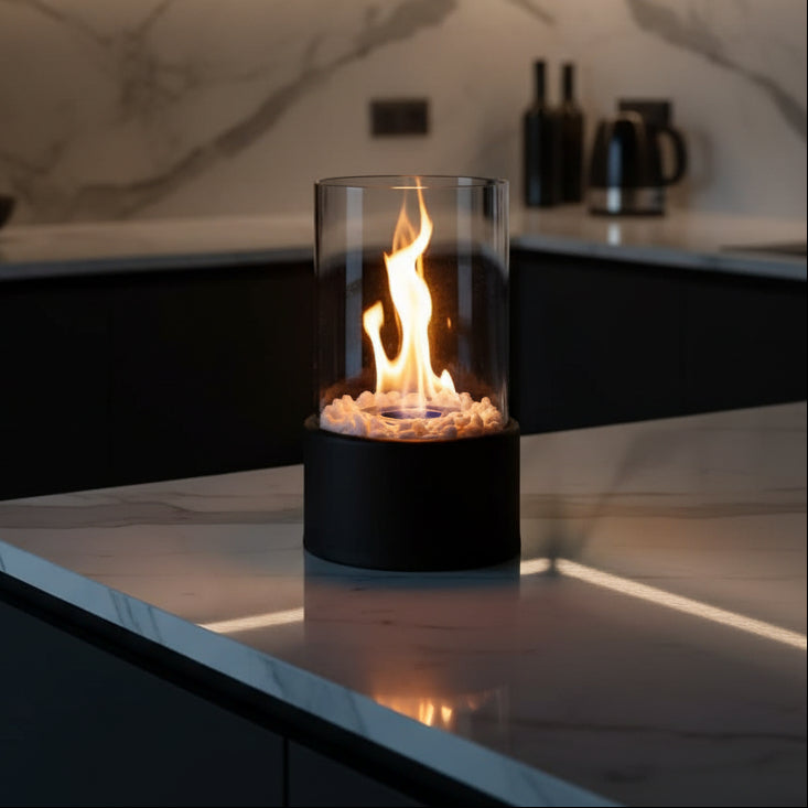 Tabletop Fireplace Smokeless Bioethanol Fire Pit Portable Indoor Outdoor Table Fireplace with Glass Enclosure Metal Base and Decorative Stones