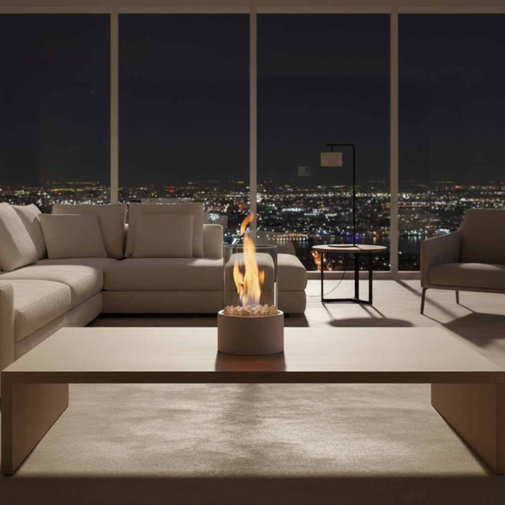 Tabletop Fireplace Smokeless Bioethanol Fire Pit Portable Indoor Outdoor Table Fireplace with Glass Enclosure Metal Base and Decorative Stones