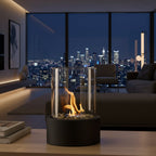 Tabletop Fireplace Smokeless Bioethanol Fire Pit Portable Indoor Outdoor Table Fireplace with Glass Enclosure Metal Base and Decorative Stones