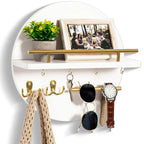Round Wooden Key Holder for Wall with Shelf and Hooks Entryway Organizer Wall Mounted Mail and Key Rack with Metal Accents