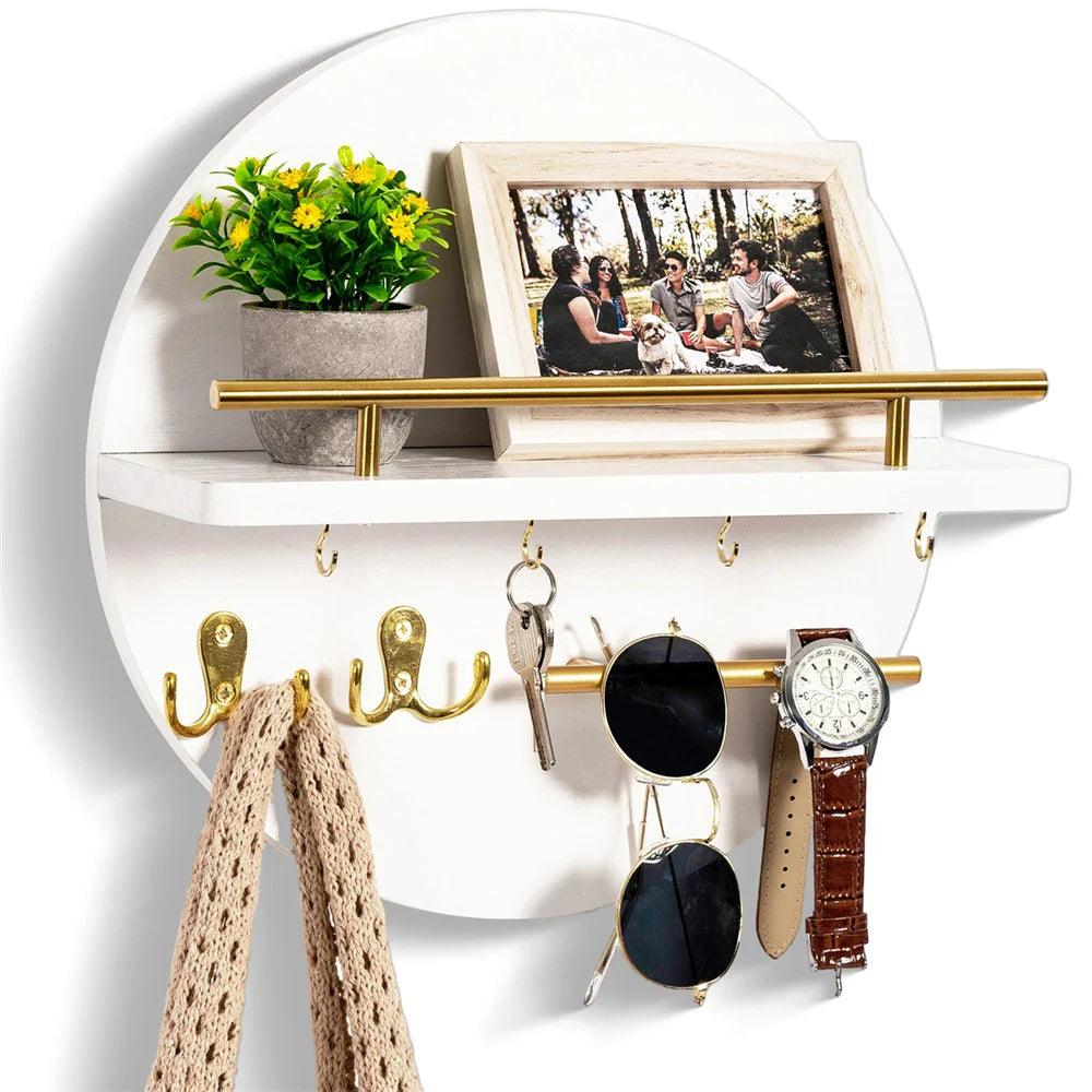 Round Wooden Key Holder for Wall with Shelf and Hooks Entryway Organizer Wall Mounted Mail and Key Rack with Metal Accents