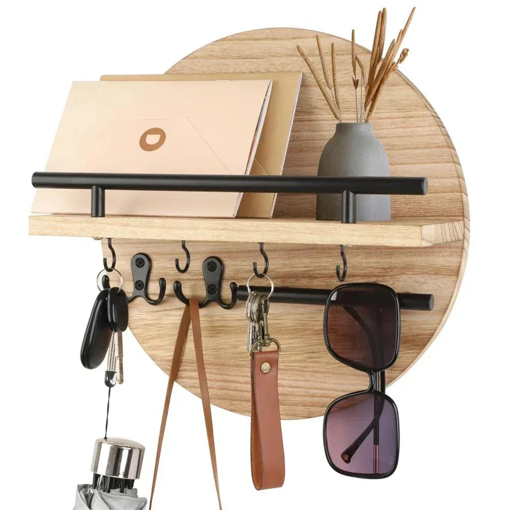Round Wooden Key Holder for Wall with Shelf and Hooks Entryway Organizer Wall Mounted Mail and Key Rack with Metal Accents