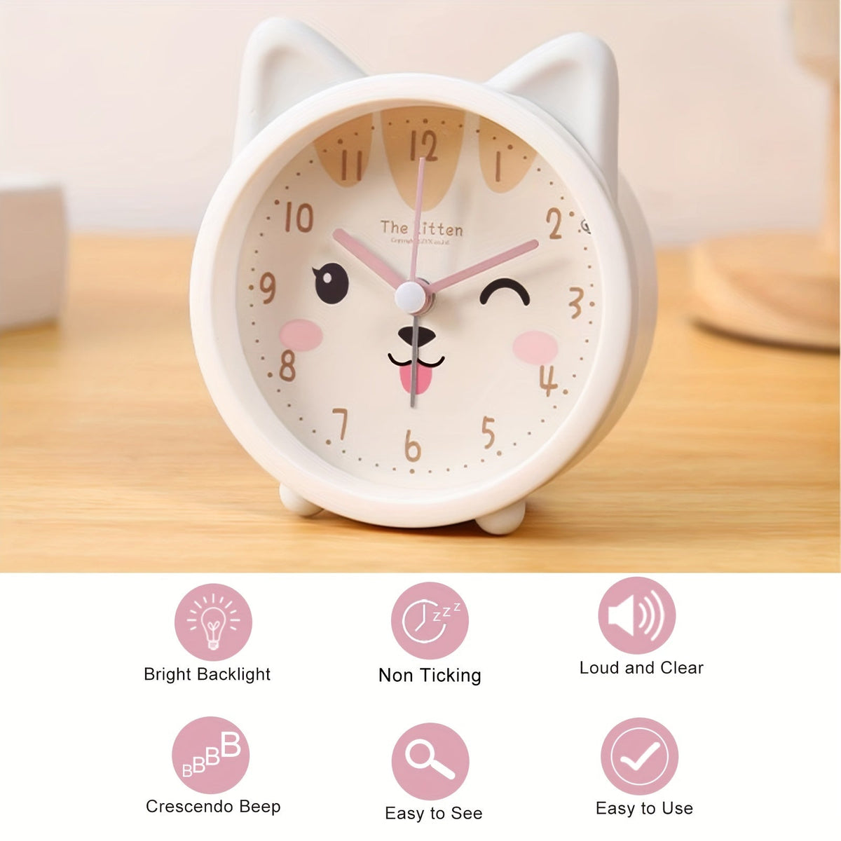 Kids Silent Alarm Clock with Night Light Cute Animal Design Non-Ticking Battery Powered Bedside Clock for Children