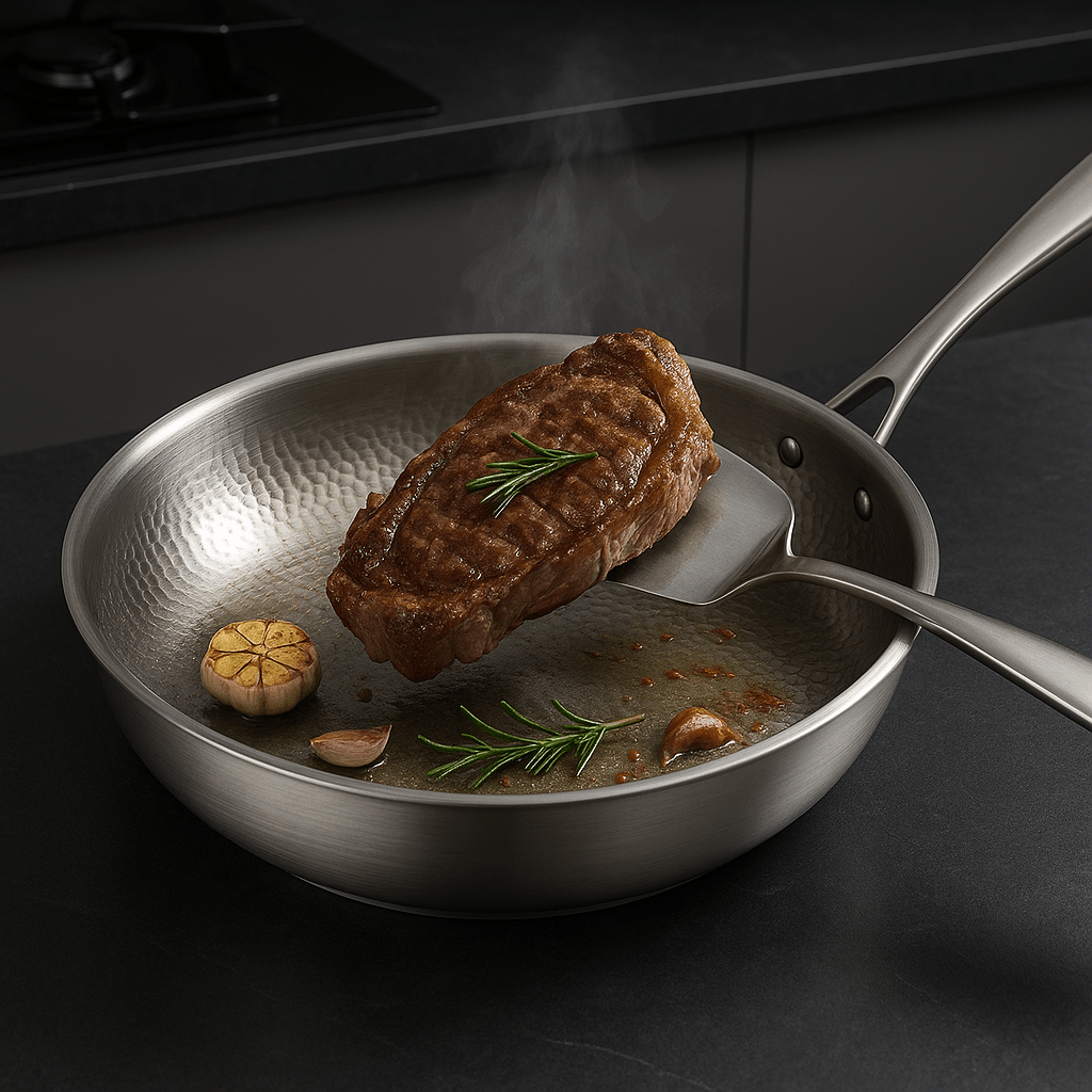 Uncoated Stainless Steel Frying Pan Three-Layer Skillet for Induction Gas Electric and Ceramic Cooktops