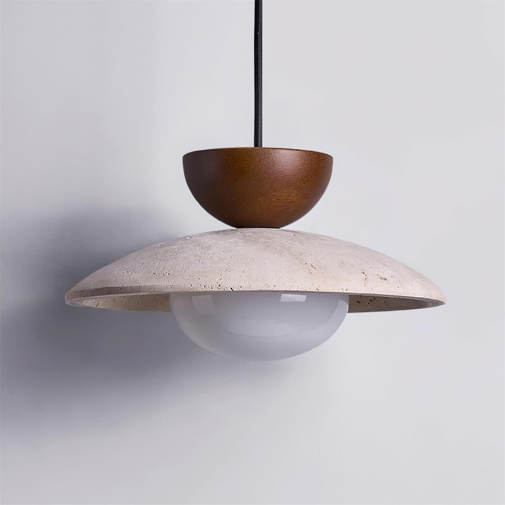 Travertine Dome Pendant Light with Wood Accent