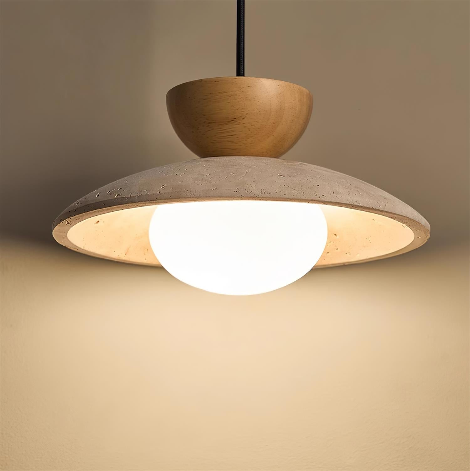 Travertine Dome Pendant Light with Wood Accent