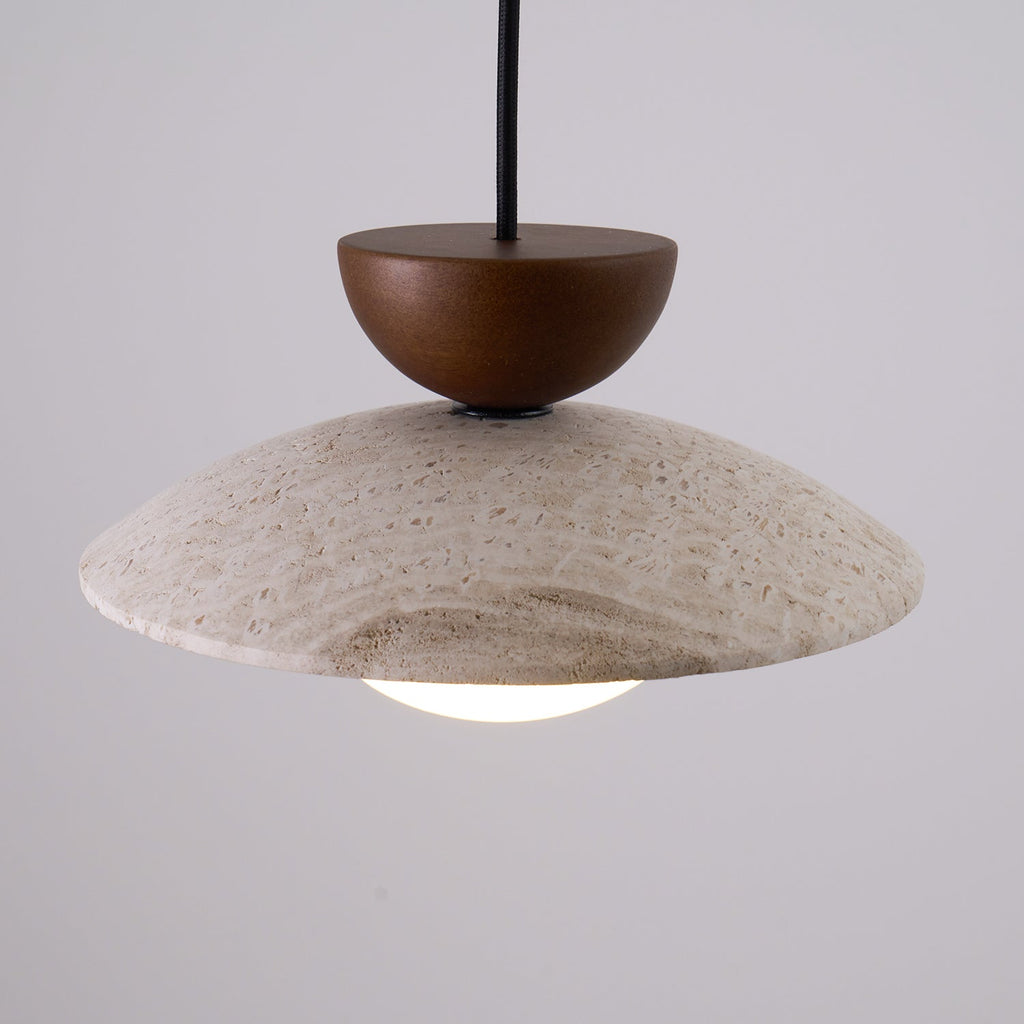Travertine Dome Pendant Light with Wood Accent