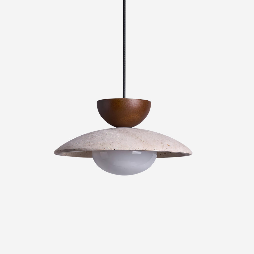 Travertine Dome Pendant Light with Wood Accent