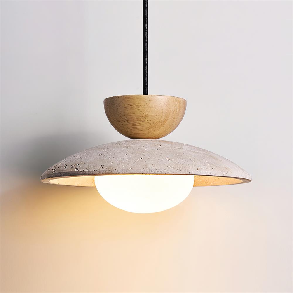 Travertine Dome Pendant Light with Wood Accent