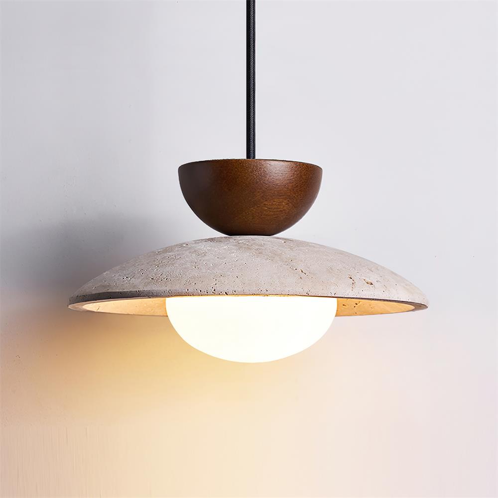 Travertine Dome Pendant Light with Wood Accent