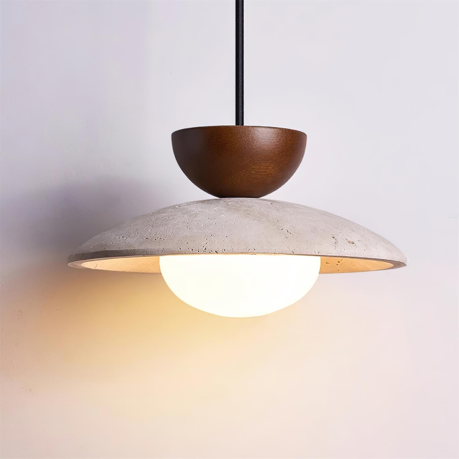 Travertine Dome Pendant Light with Wood Accent