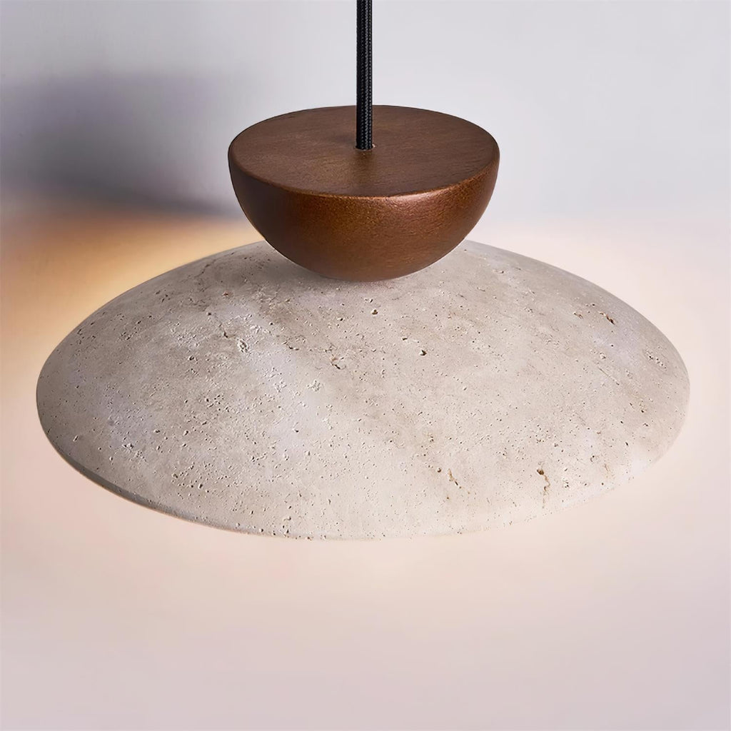 Travertine Dome Pendant Light with Wood Accent