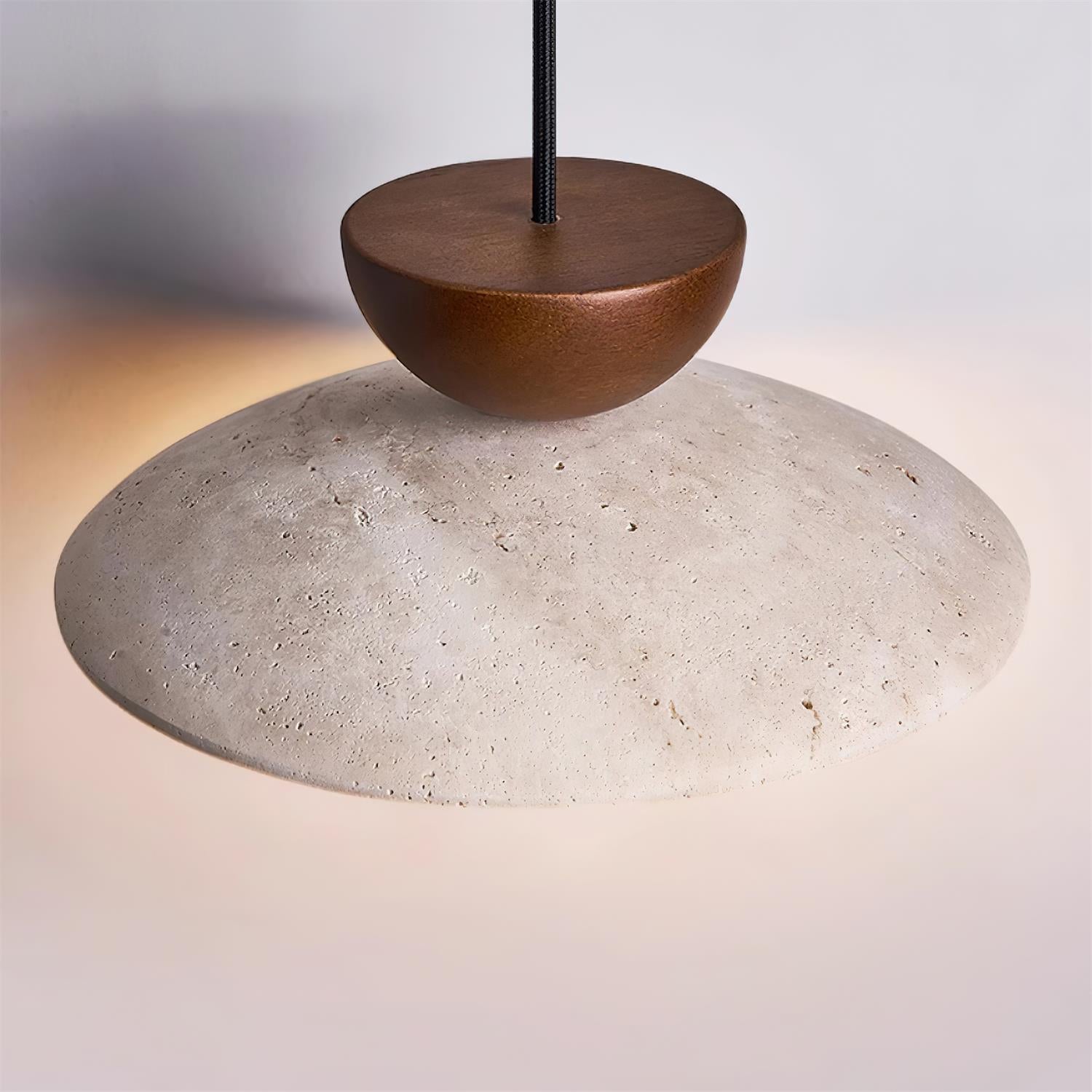 Travertine Dome Pendant Light with Wood Accent