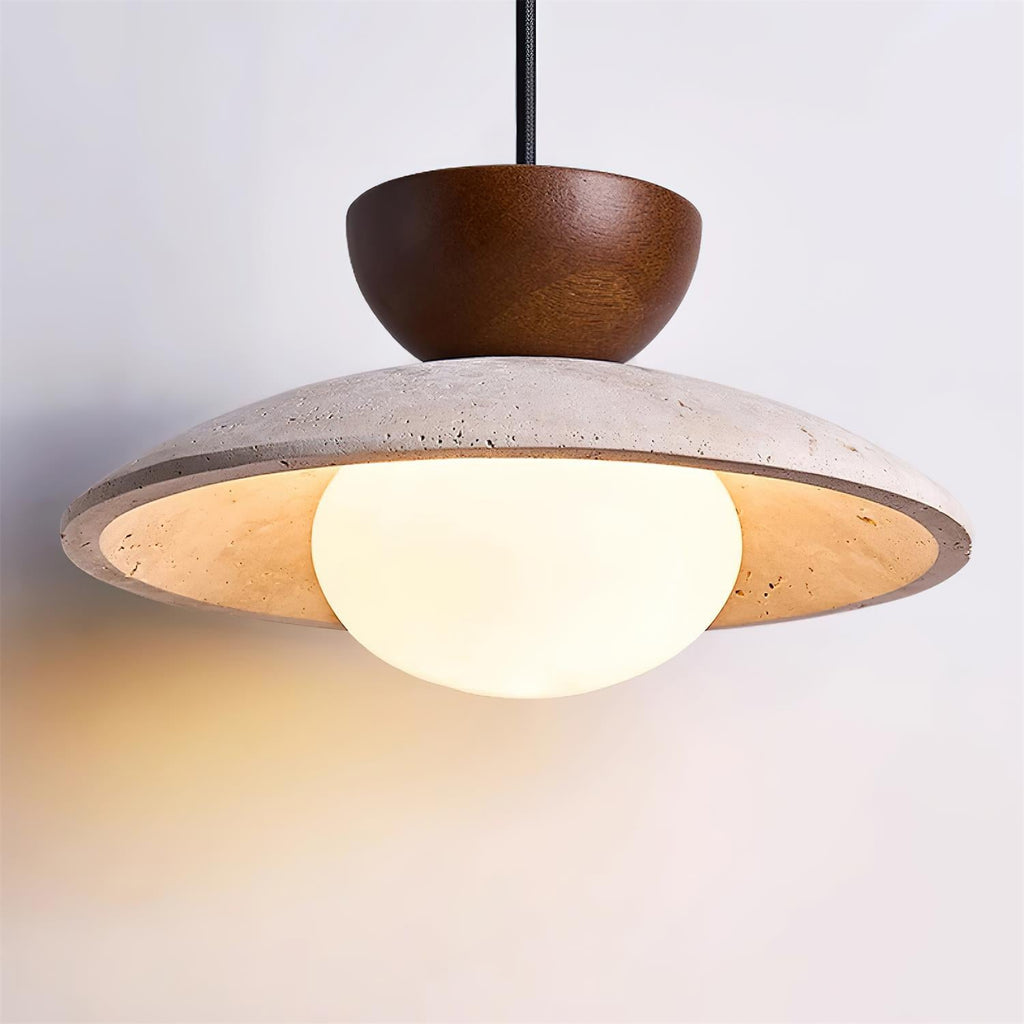 Travertine Dome Pendant Light with Wood Accent