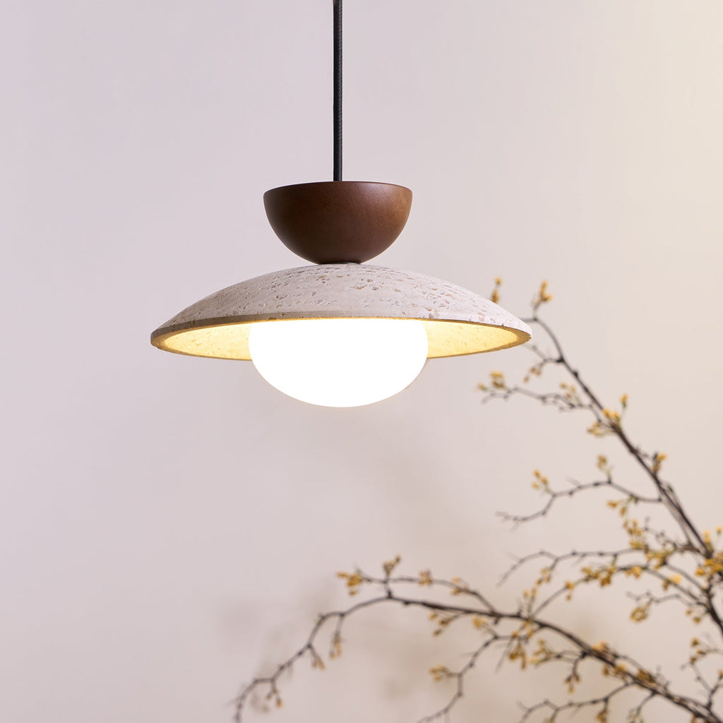 Travertine Dome Pendant Light with Wood Accent